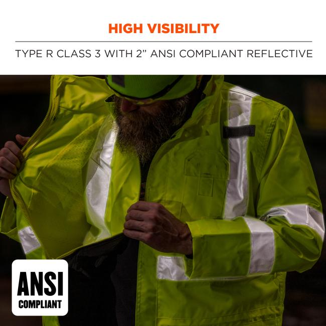 High visibility: type r class 3 with 2” ANSI/ISEA 107 compliant reflective