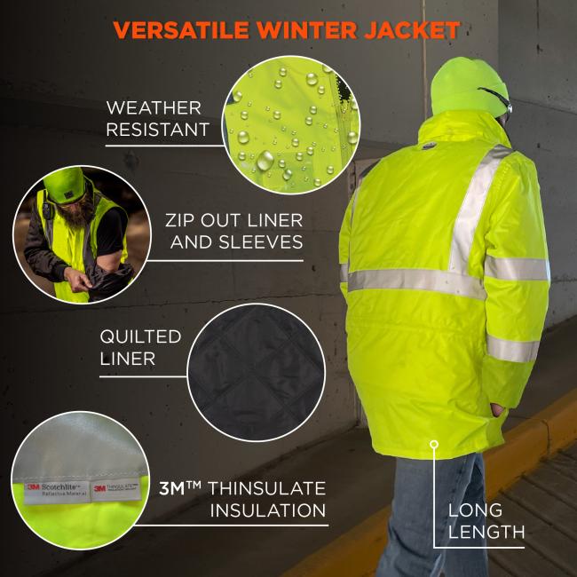 Versatile winter jacket. Wether resistant. Zip out liner and sleeves. Quilted liner. 3M Thinsulate insulation. Long length.