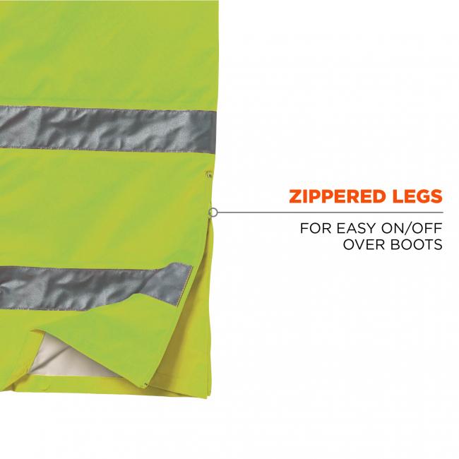 Zippered legs: for easy on/off over boots. Image shows zipper detail. 