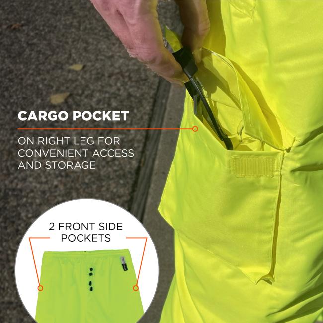Cargo pocket on right left for convenient access and storage. 2 front side pockets.