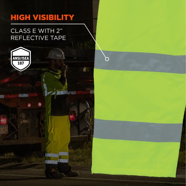 High visibility – class E with 2” reflective tape. ANSI/ISEA 107 badge.