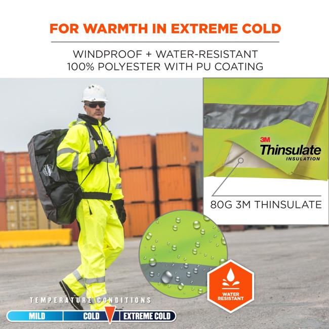 For warmth in extreme cold – windproof and water-resistant 100% polyester with PU coating. 3M Thinsulate insulation – 80g 3M Thinsulate. Water-resistant badge. Temperature conditions – cold.