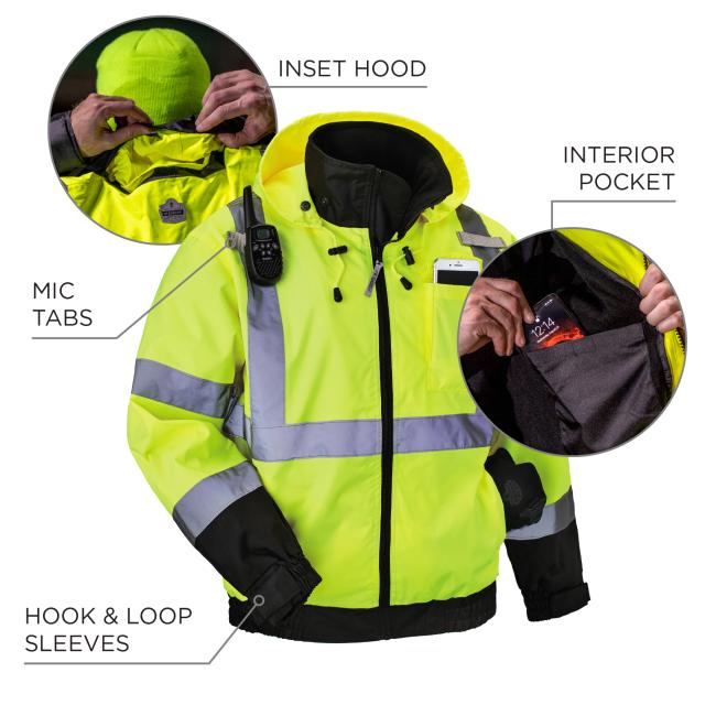 Inset hood. Mic tabs. Hook & loop sleeves. Interior pocket. 