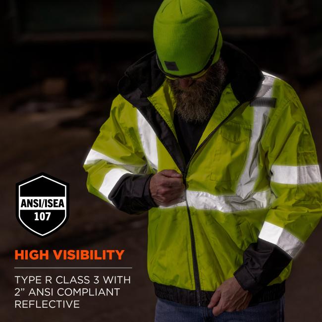 High visibility: type r class 3 with 2” ANSI compliant reflective.