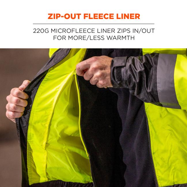 Zip-out fleece liner: 220g micro fleece liner zips in/out for more/less warmth