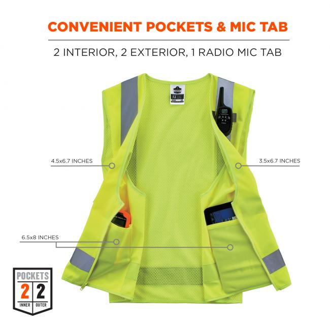Convenient pocket & mic tab: 2 interior, 2 exterior, 1 radio mic tab. Arrows point to pockets and say “4.5x6.7 inches”, “3.5x6.7 inches”, & “6.5x8 inches”. Icon on bottom left says POCKETS, 2 OUTER, 2 INNER