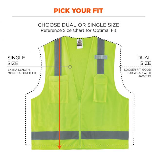 Pick your fit: choose dual or single size. Reference size chart for optimal fit. Single size: extra length, more tailored fit. Dual size: looser fit, good for wear with jackets. Image shows different between single size and dual size. 
