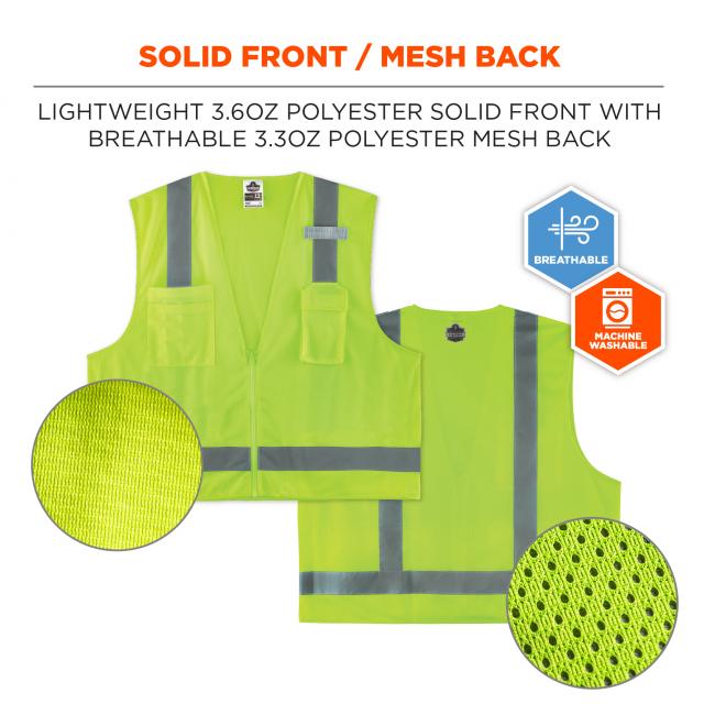 Solid front/mesh back: lightweight 3.6oz polyester solid front with breathable 3.3oz polyester mesh back. Icons says BREATHABLE and MACHINE WASHABLE. Image shows detail of front and back of vest. 