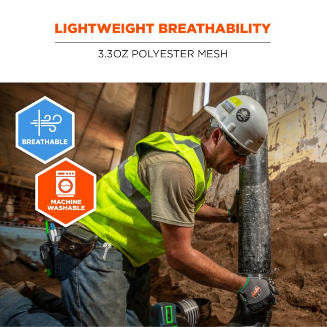 Lightweight breathability: 3.3oz polyester mesh. Icons says BREATHABLE and MACHINE WASHABLE. 