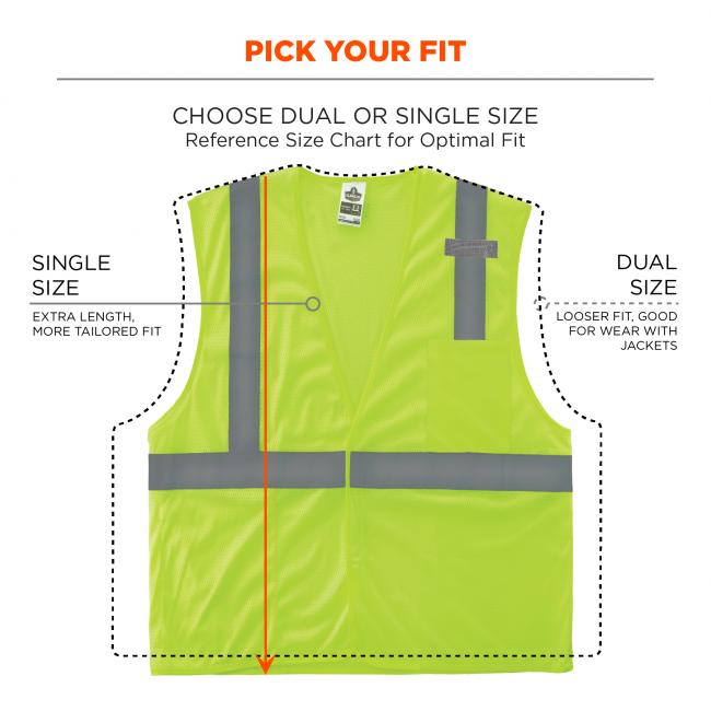 Pick your fit: Choose dual or single size. Reference size chart for optimal fit. Image shows vest with an outline indicating the dual size. Single size: extra length, more tailored fit vs. Dual size: looser fit, good for wear with jackets. 