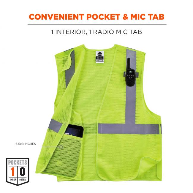 Convenient pocket & mic tab: 1 interior, 1 radio mic tab. Arrows point to pocket and says” 6.5x8 inches”. Icon on bottom left says POCKETS, 0 OUTER, 1 INNER