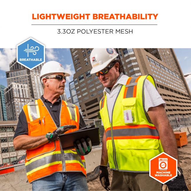 Lightweight breathability: 3.3oz polyester mesh. Icons says BREATHABLE and MACHINE WASHABLE. Image shows two construction workers in vest. 