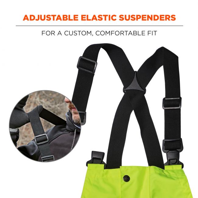 Adjustable elastic suspenders: for a custom, comfortable fit. Image shows detail of suspenders. 