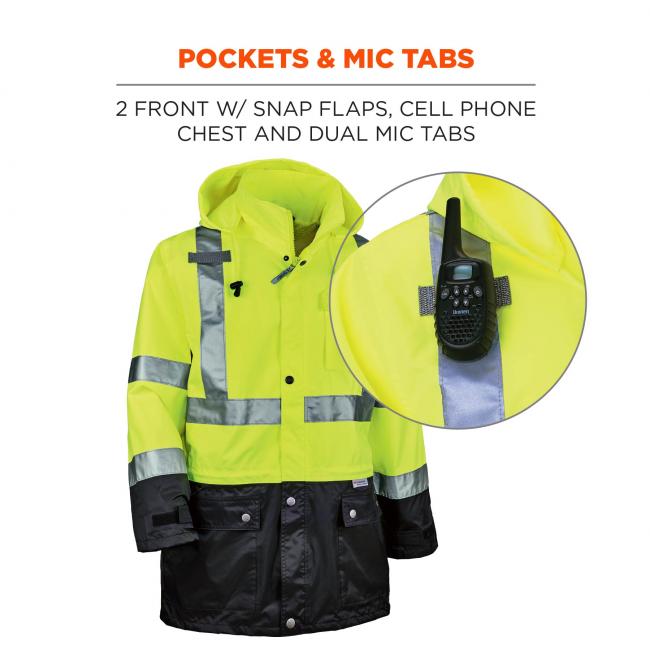 Pocket & mic tabs: 2 front w/snap flaps, cell phone chest and dual mic tabs. 