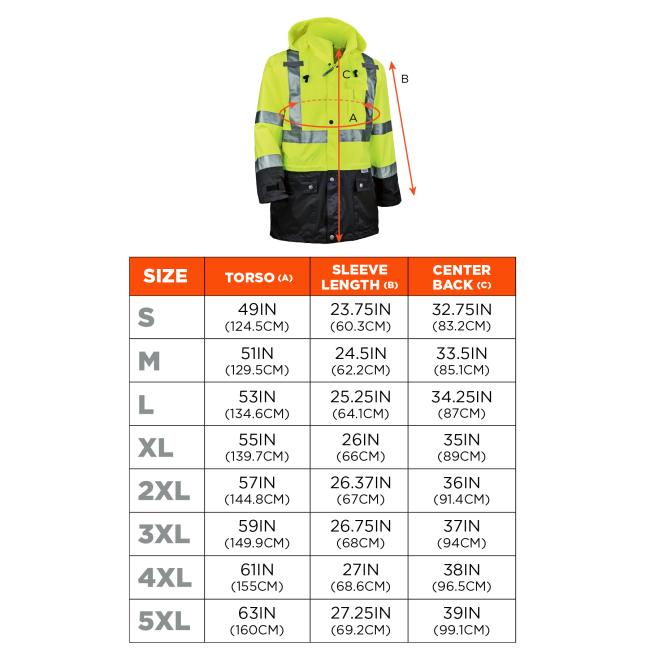 Size chart for sizes S through 5XL. Screen readers please view HTML size chart after color selections, for best experience.