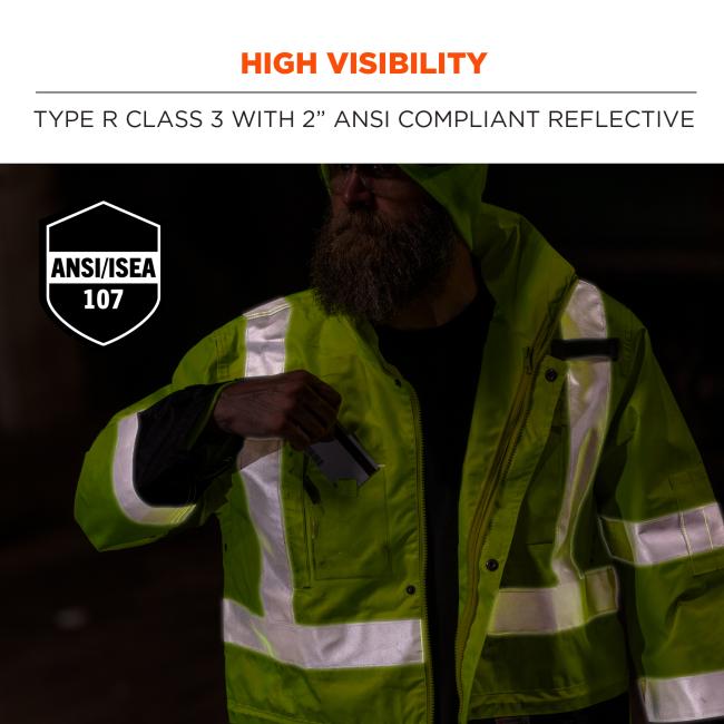 High visibility: type r class 3 with 2” ANSI/ISEA 107 compliant reflective