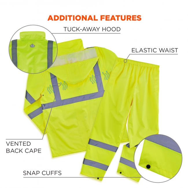 Additional features. Tuck-away hood, elastic waist, vented back cape, snap cuffs.