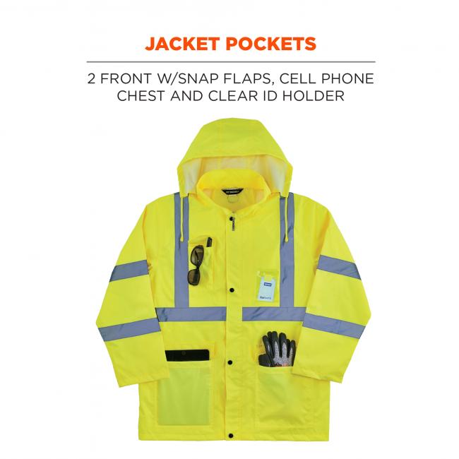 Jacket Pockets. 2 front with snap flaps, cell phone, chest and clear ID holder
