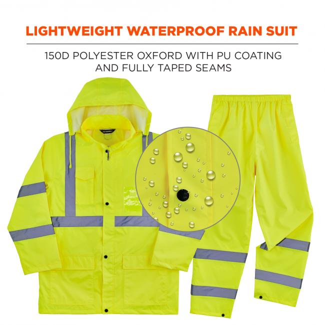 Lightweight waterproof rain suit. 150D polyester oxford with OU coating and fully taped seams