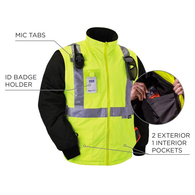 Mic tabs. ID badge holder. 2 exterior pockets and 1 interior pocket.