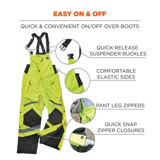 Easy on & off: quick and convenient on/off over boots. Quick-release suspender buckles. Comfortable elastic sides. Pant leg zippers. Quick snap zipper closure.
