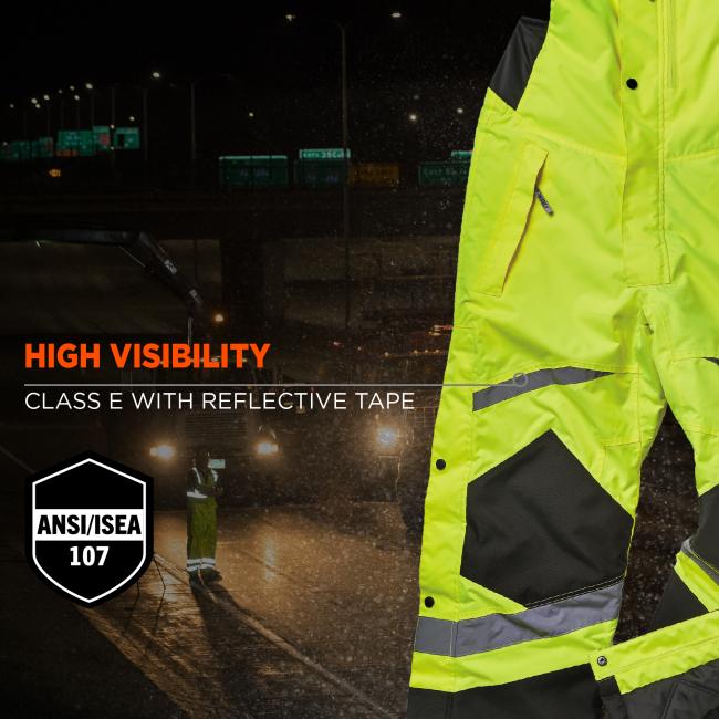 High visibility: Class E with reflective tape. Icon says “ANSI COMPLIANT”