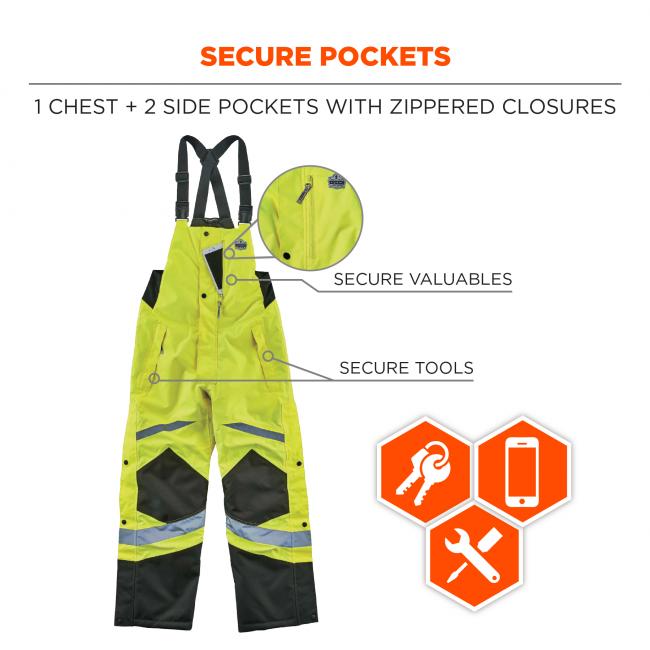 Secure pockets: 1 chest + 2 side pockets with zippered closures. Secure valuables. Secure tools. Icons: keys, phone, tools. 