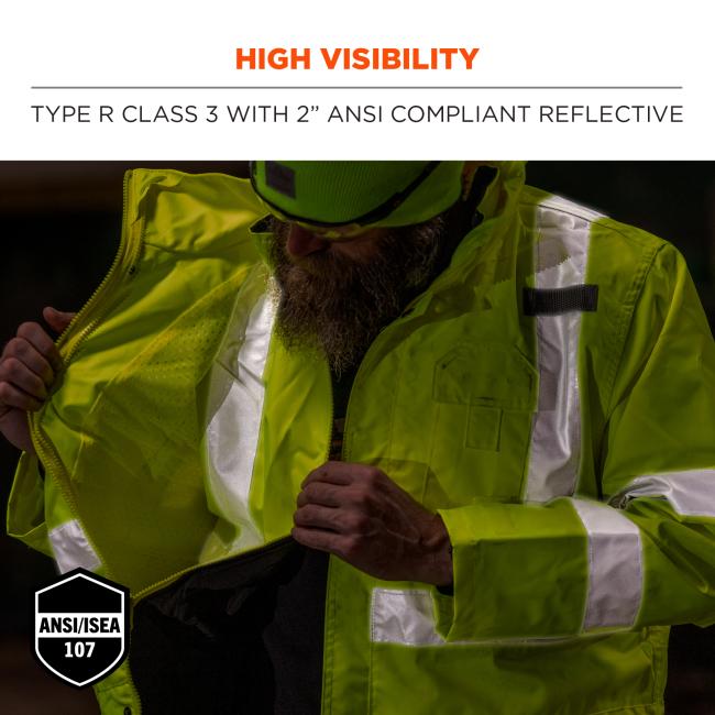 High visibility: type r class 3 with 2” ANSI/ISEA 107 compliant reflective.