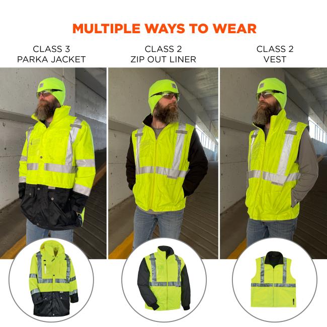 Multiple ways to wear. Class 3 parka jacket. Class 2 zip out liner. Class 2 vest. 