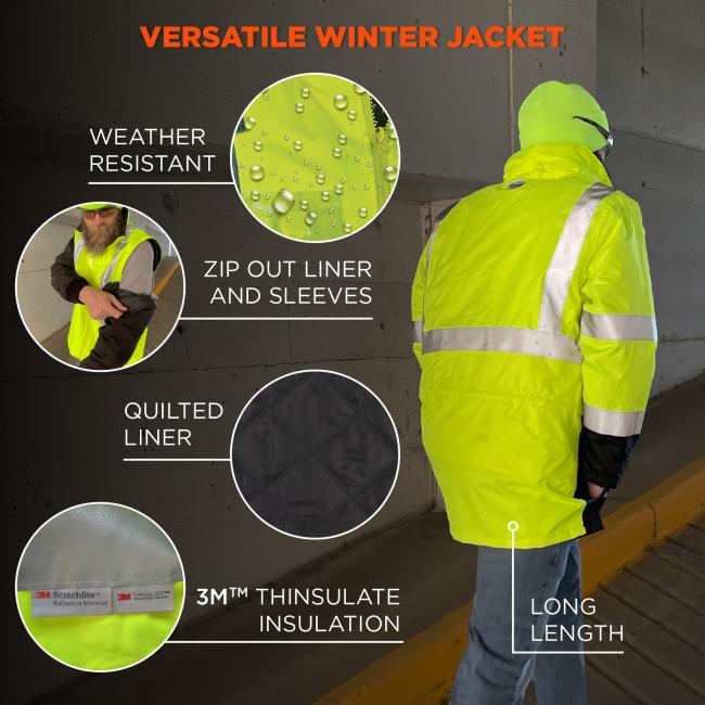 Versatile winter jacket. Weather resistant. Zip out liner and sleeves. Quilted liner. 3M Thinsulate insulation. Long length.