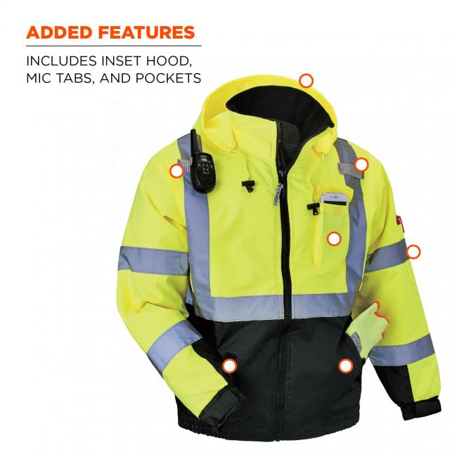 Added features: includes inset hood, mic tabs and pockets. Circle on image indicate features
