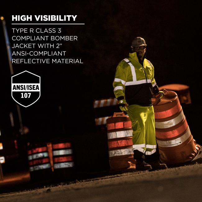 High visibility: Type R Class 3 compliant bomber jacket with 2” ANSI-compliant reflective material. Icon says ANSI COMPLIANT