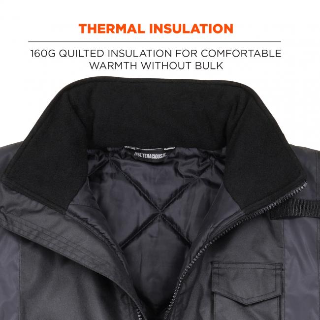 Thermal inulsation: 160G quilted insulation for comfortable warmth without bulk. Image shows interior detail. 
