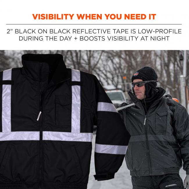 Visibility when you need it: 2” black on black reflective tape is low-profile during the day and boosts visibility at night. Image shows reflective detail being visible. 