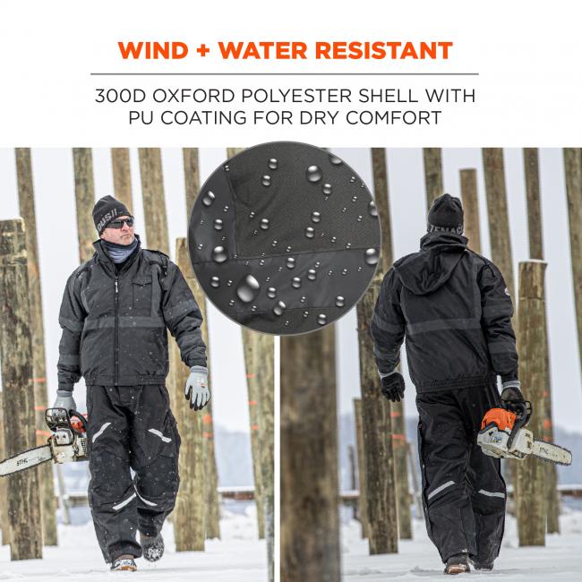 Wind + water resistant: 300D Oxford polyester shell with PU coating for dry comfort. Image shows detail of water repelling on fabric. 