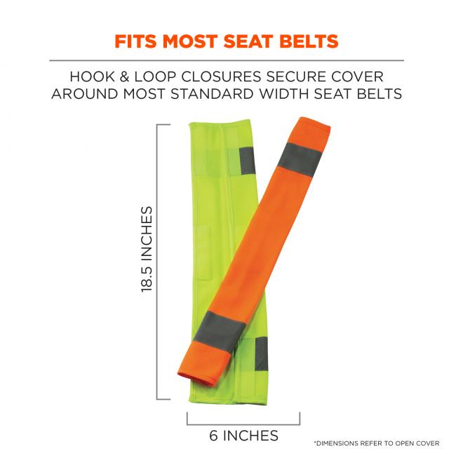 Fits most seat belts: hook & loop closures secure cover around most standard width seat belts. Measurements say 6in x 18.5 in. *Dimensions refer to open cover