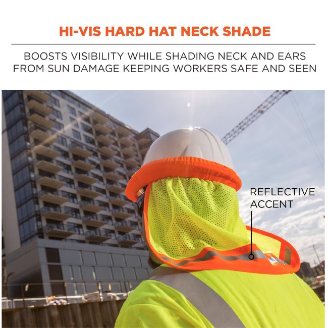 Hi-vis hard hat neck shade boosts visibility while shading neck and ears from sun damage keeping workers safe and seen. Reflective accent..