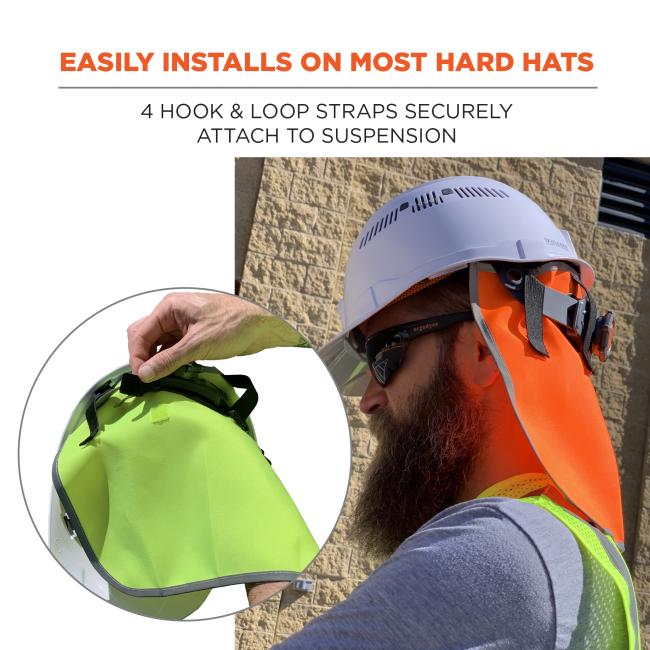 Easily installs on most hard hats. 4 hook and loop straps securely attach to suspension.