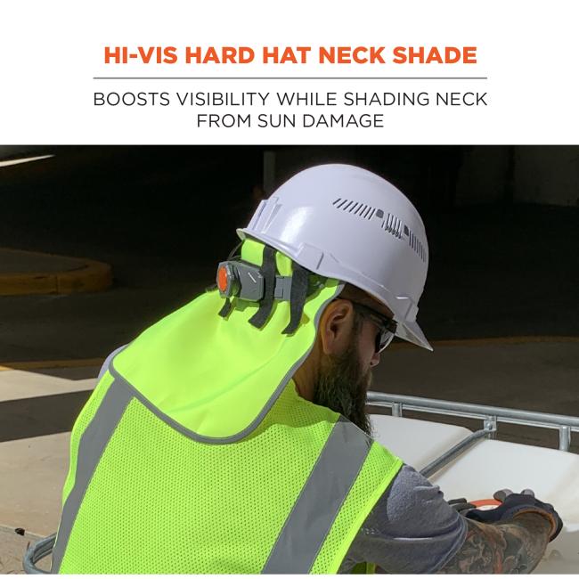 Hi-vis hard hat neck shade boosts visibility while shading neck from sun damage.