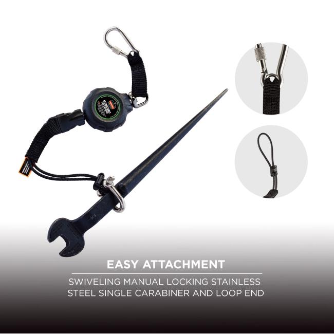 Easy attachment: swiveling manual locking stainless steel single carabiner and loop end