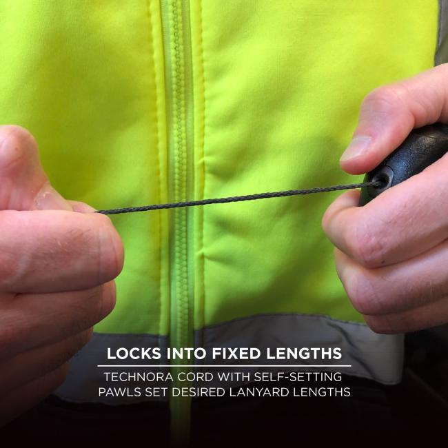 Locks into fixed lengths: technora cord with self-setting pawls set desired lanyard lengths