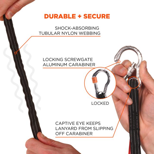 Durable and secure: shock-absorbing tubular nylon webbing, locking screwgate aluminum carabiner, and captive eye keeps lanyard from slipping off carabiner
