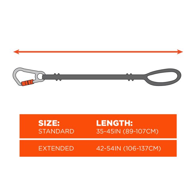 Size chart. Standard lanyard length is 35 to 45 inches or 89 to 107 cm. Extended lanyard length is 42 to 54 inches or 106 to 137 cm