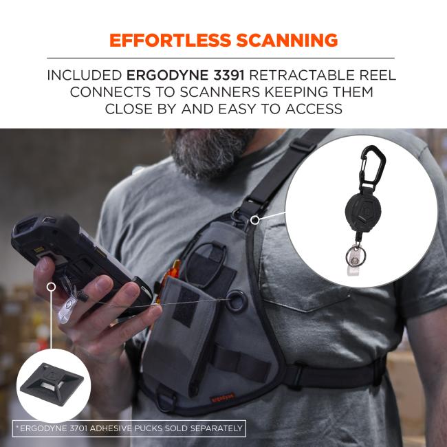 Effortless Scanning: Included Ergodyne 3391 retractable reel connects to the scanner, keeping it close by and easy to access. Ergodyne 3701 adhesive puck sold separately