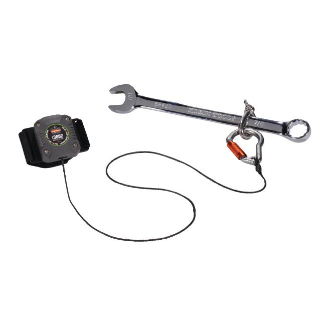wrench tethered to retractable tool lanyard shackle on carabiner