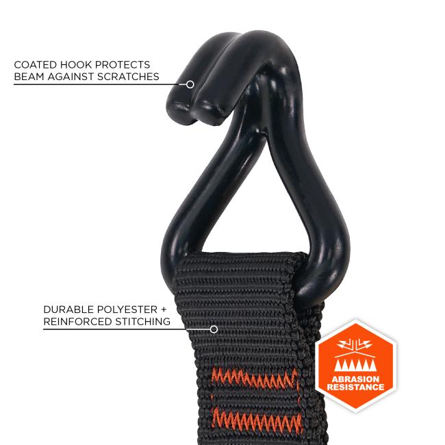 Warehouse racking strap features a coated hook to protect beam against scratches and abrasion resistant durable polyester and reinforced stitching