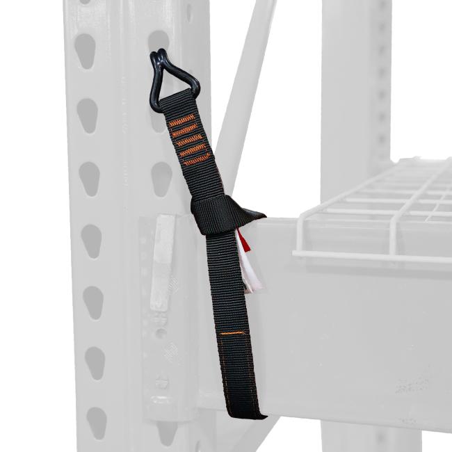Warehouse racking stabilizer strap being used on silhouette warehouse racking