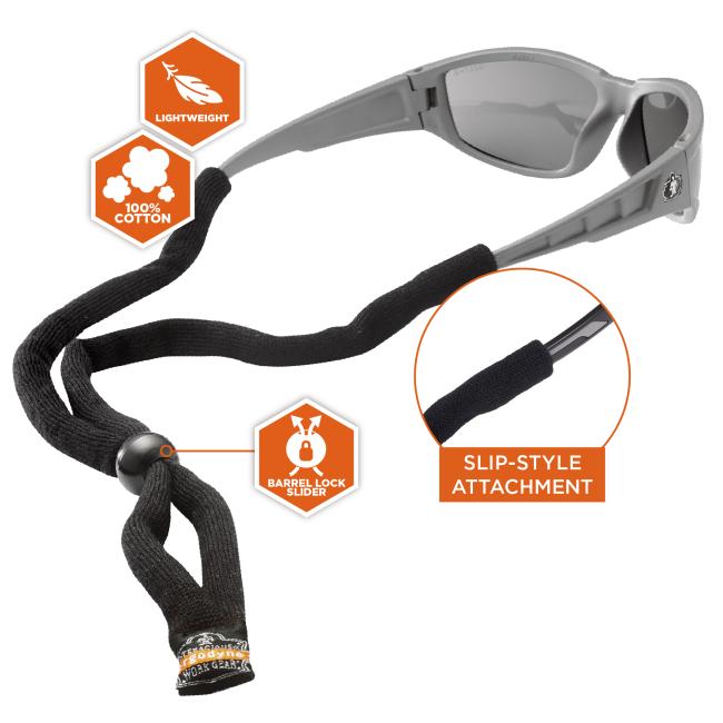 100% cotton and lightweight, this safety glasses strap features a barrel lock slider and slip-style attachment