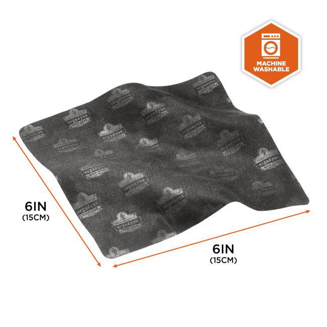 Lens cleaning cloth is 6 inches (15cm) by 6 inches (15cm) and is machine washable