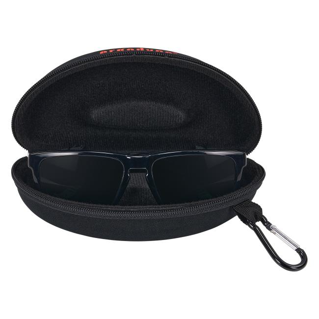 Safety glasses hard case holding smoke colored glasses